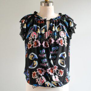 Dark Lacy Floral Paisley Printed Silk Lace Ruffle Sleeve Blouse